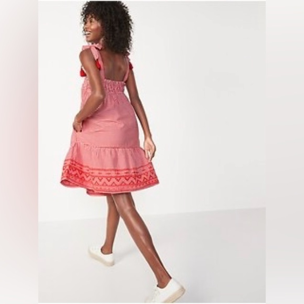 OLD NAVY Smocked Embroidered Tiered Red White Gingham Plaid Mini Dress w Pockets - Picture 3 of 14